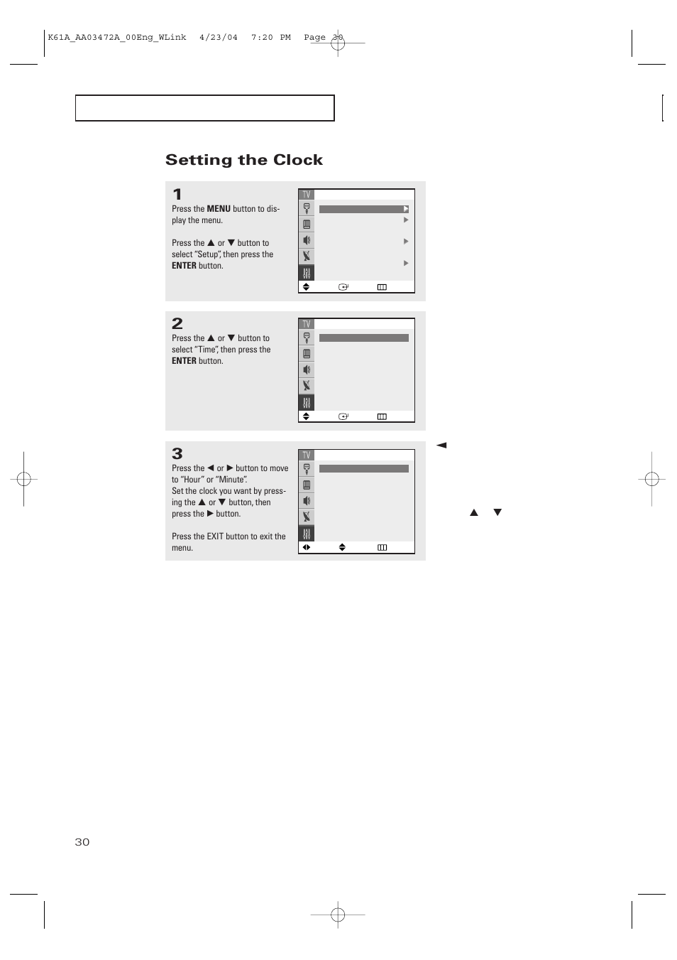 Setting the clock | Samsung CL32A20HE User Manual | Page 30 / 80