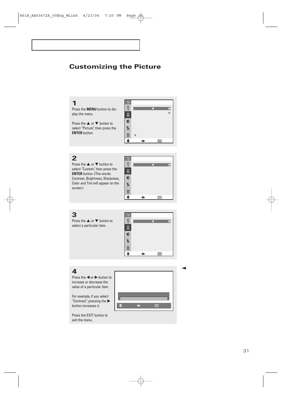 Customizing the picture | Samsung CL32A20HE User Manual | Page 31 / 80