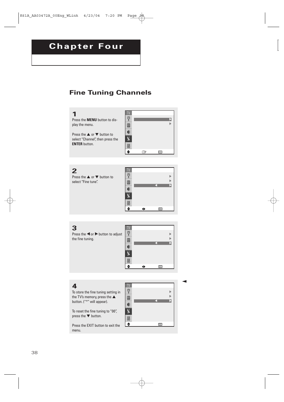 Special features chapter four special features, Fine tuning channels | Samsung CL32A20HE User Manual | Page 38 / 80