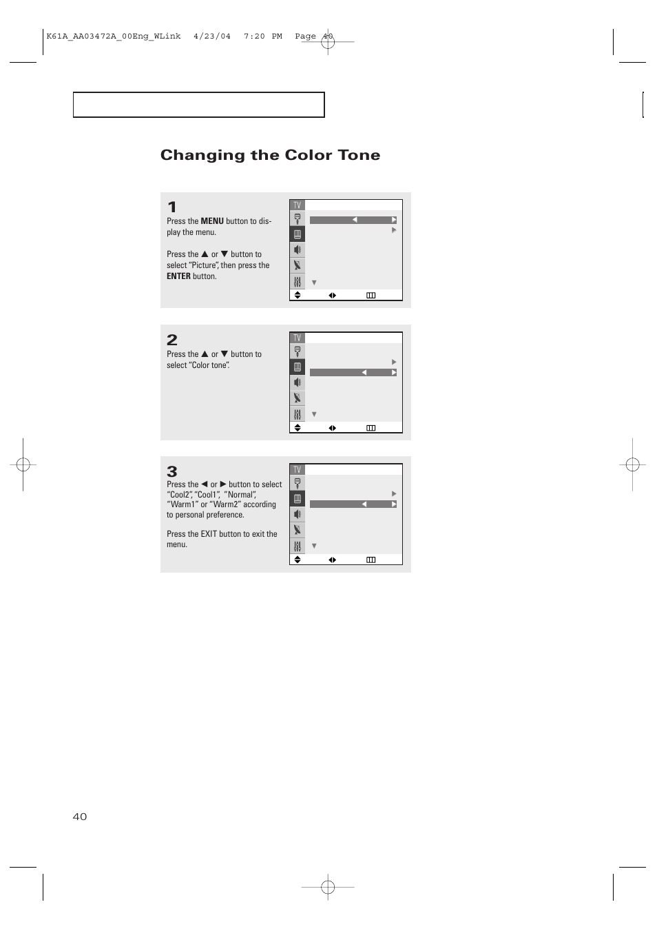 Changing the color tone | Samsung CL32A20HE User Manual | Page 40 / 80