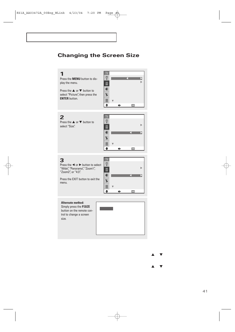 Changing the screen size | Samsung CL32A20HE User Manual | Page 41 / 80
