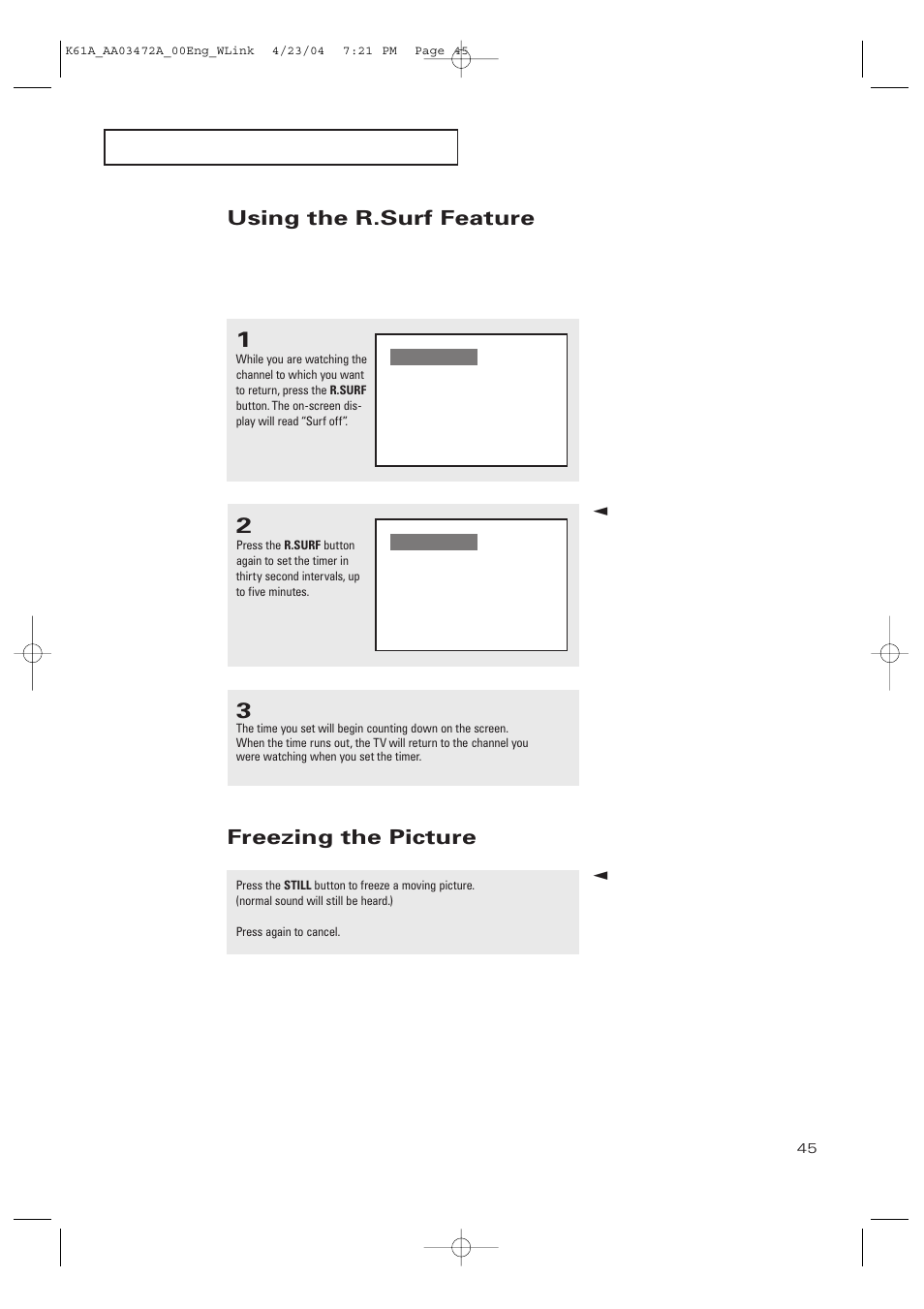 Using the r.surf feature, Freezing the picture | Samsung CL32A20HE User Manual | Page 45 / 80