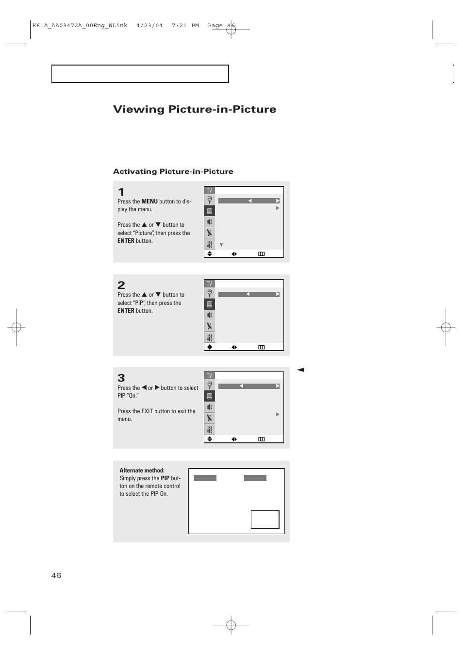 Viewing picture-in-picture | Samsung CL32A20HE User Manual | Page 46 / 80