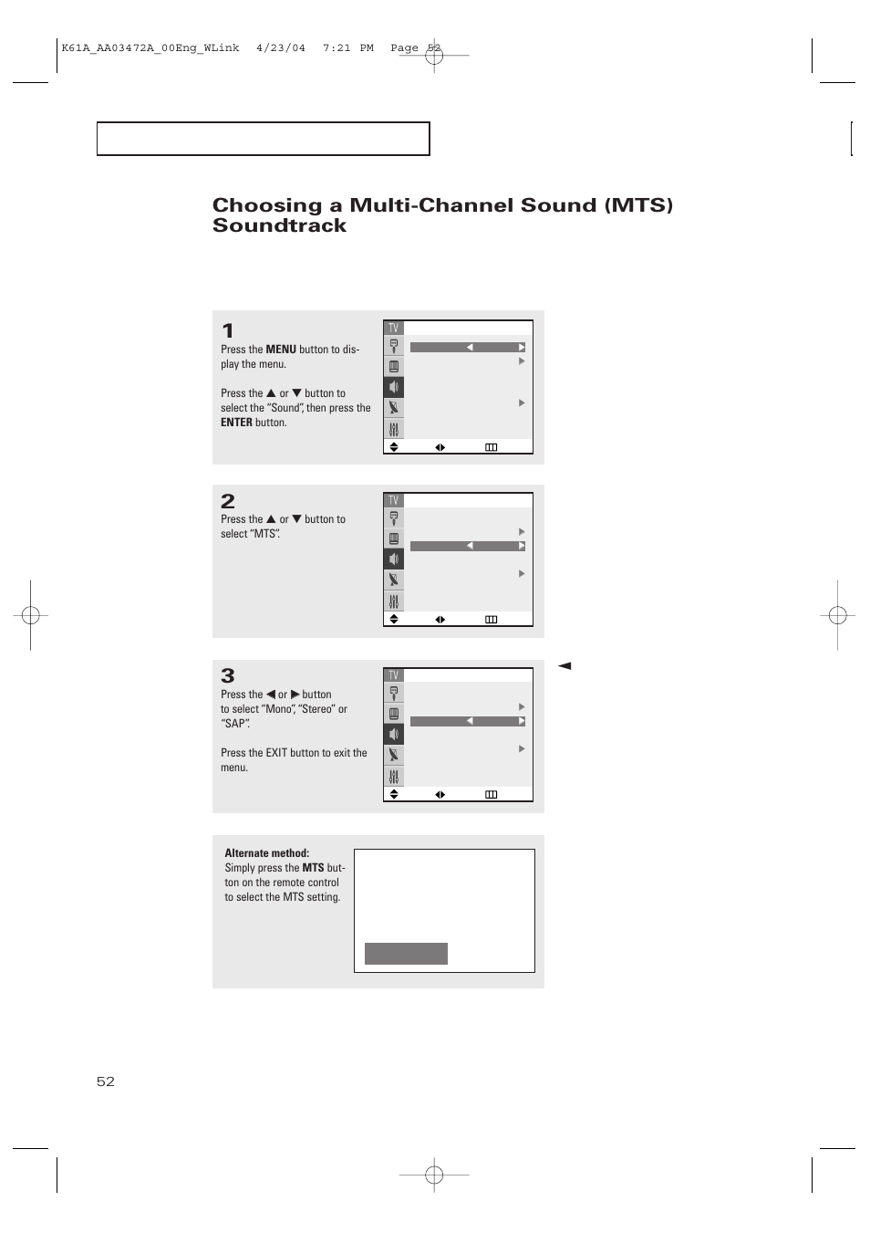 Choosing a multi-channel sound (mts) soundtrack | Samsung CL32A20HE User Manual | Page 52 / 80