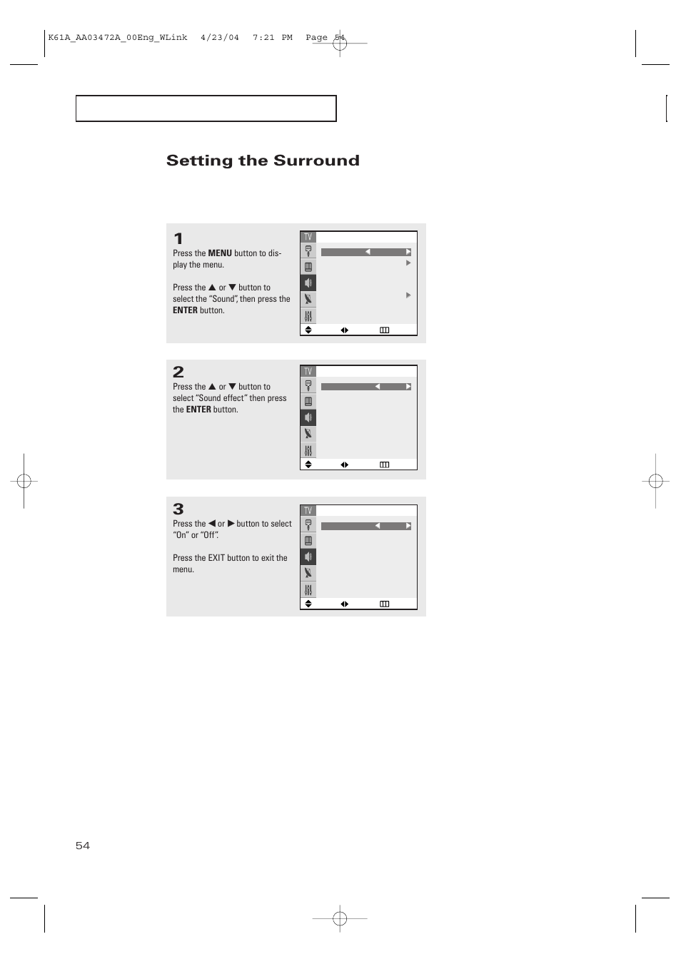 Setting the surround | Samsung CL32A20HE User Manual | Page 54 / 80