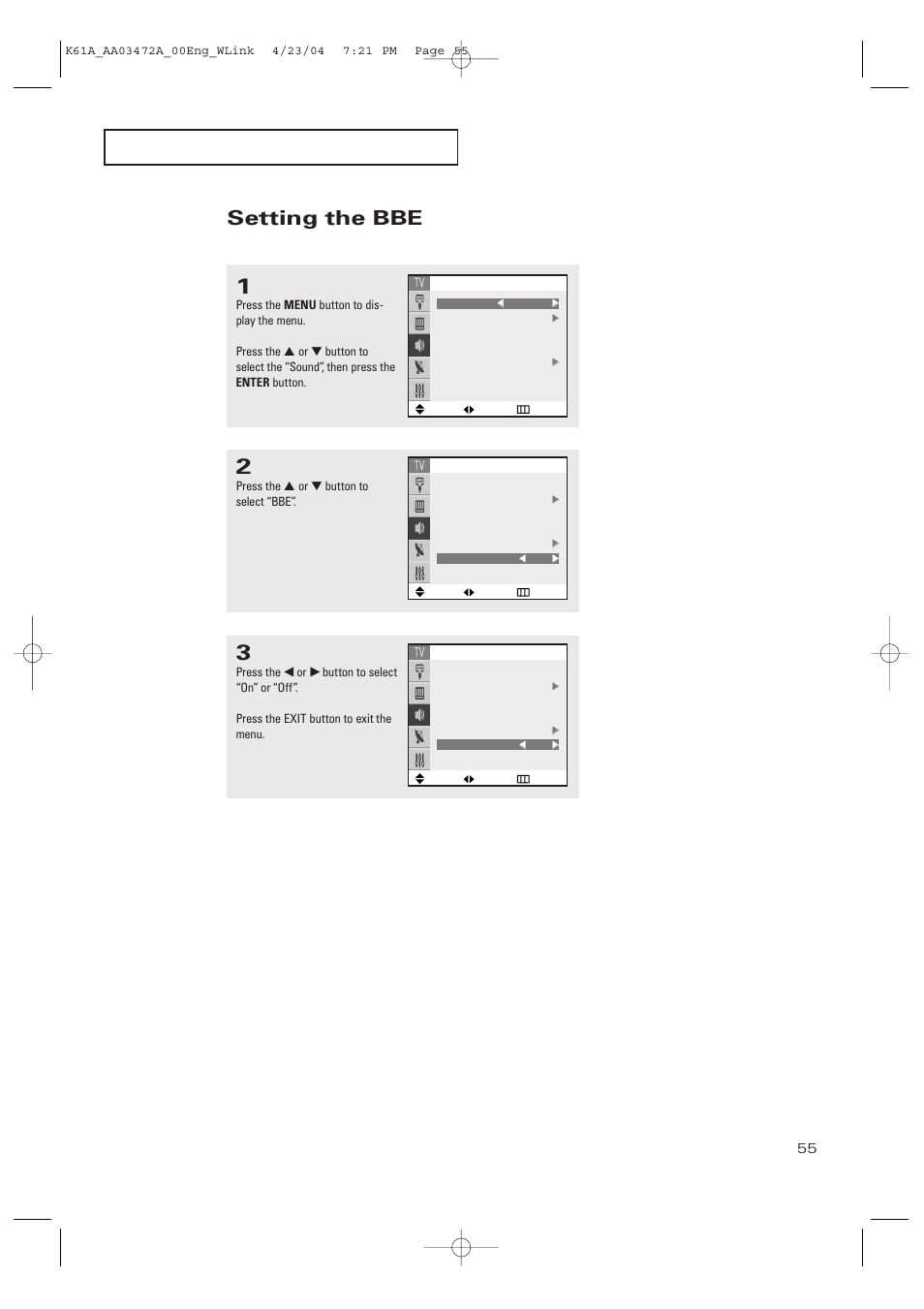 Setting the bbe | Samsung CL32A20HE User Manual | Page 55 / 80