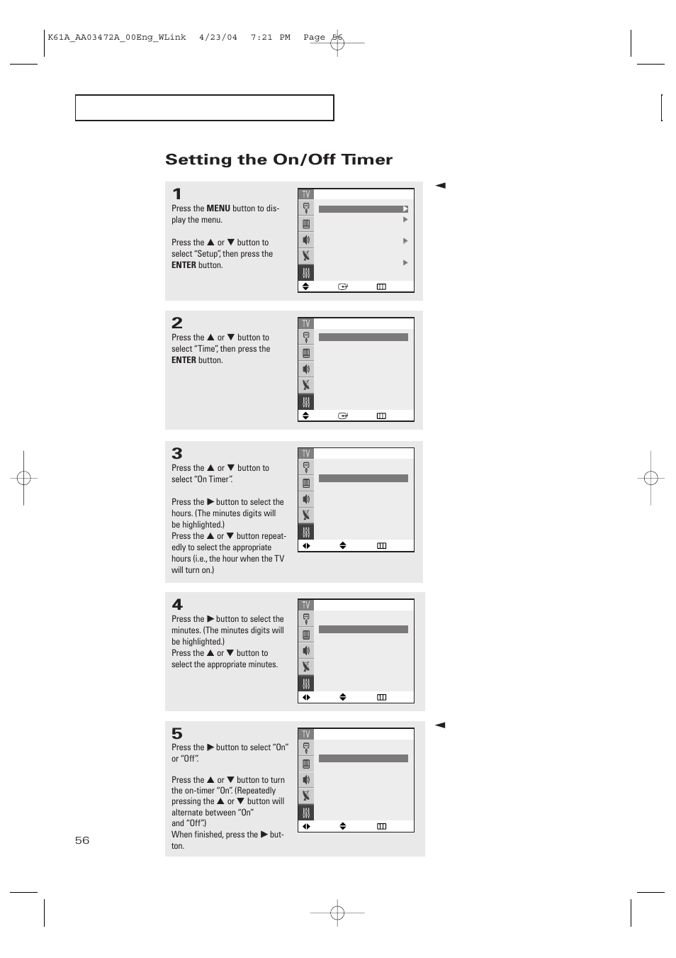 Setting the on/off timer | Samsung CL32A20HE User Manual | Page 56 / 80