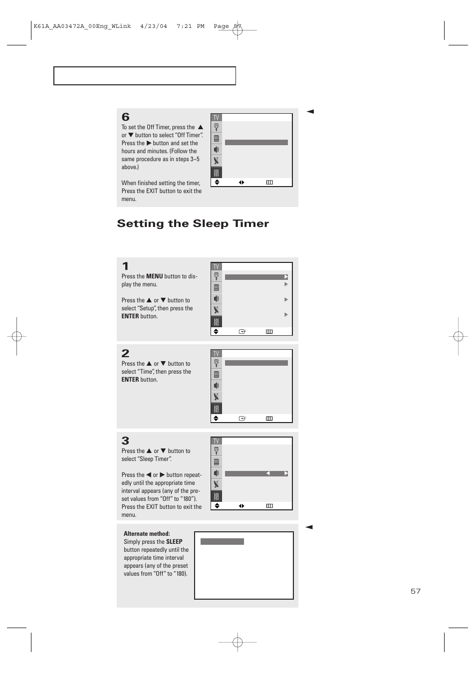 Setting the sleep timer | Samsung CL32A20HE User Manual | Page 57 / 80