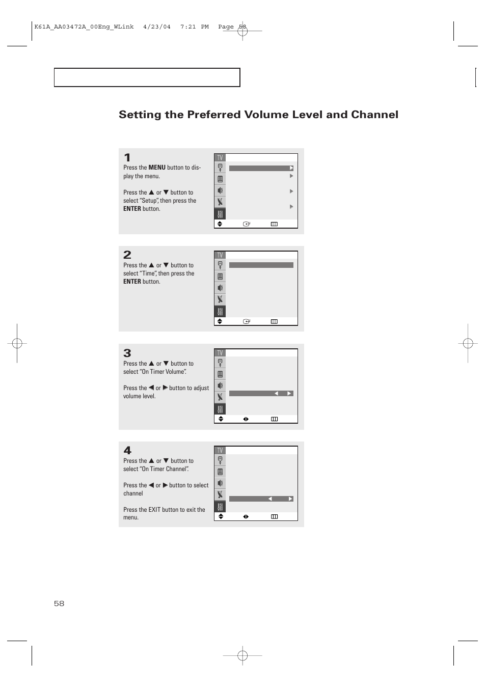 Setting the preferred volume level and channel | Samsung CL32A20HE User Manual | Page 58 / 80