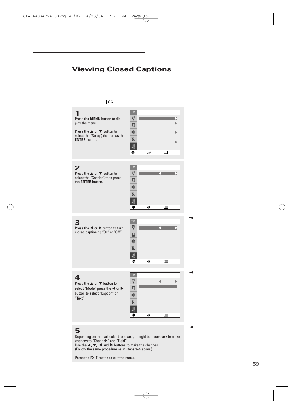 Viewing closed captions | Samsung CL32A20HE User Manual | Page 59 / 80