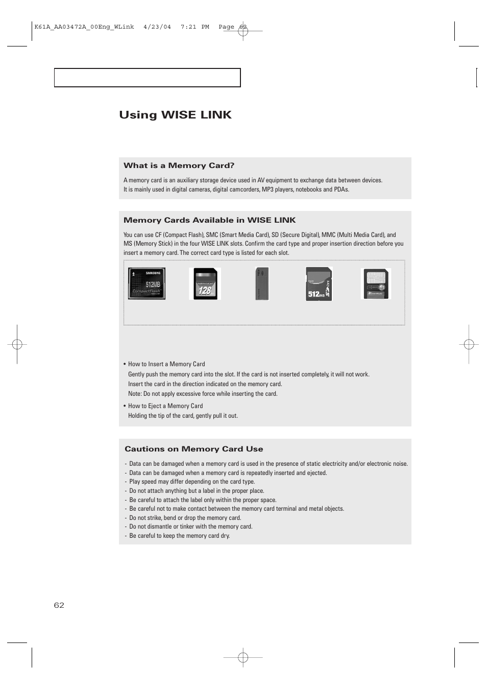 Using wise link | Samsung CL32A20HE User Manual | Page 62 / 80