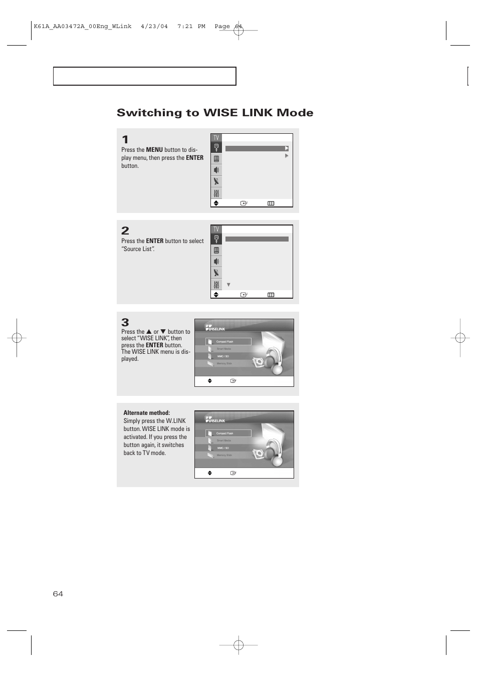 Switching to wise link mode | Samsung CL32A20HE User Manual | Page 64 / 80