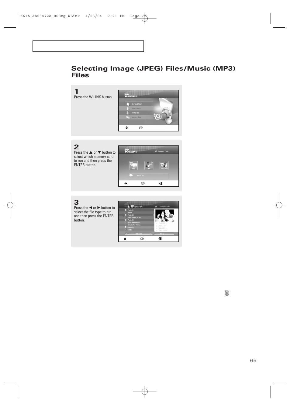Selecting image (jpeg) files/music (mp3) files | Samsung CL32A20HE User Manual | Page 65 / 80