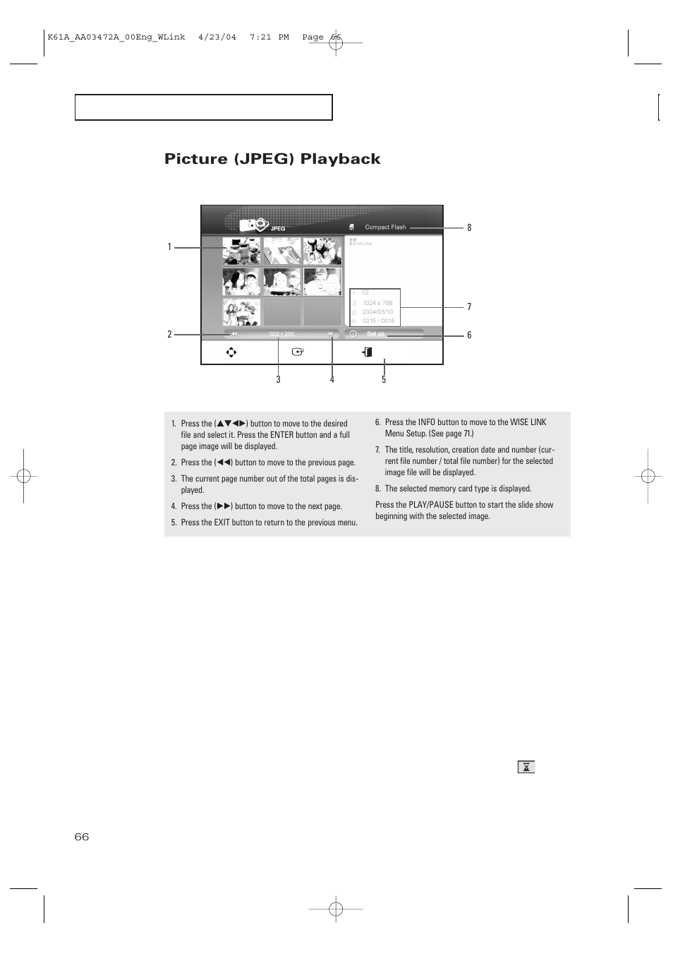 Picture (jpeg) playback | Samsung CL32A20HE User Manual | Page 66 / 80