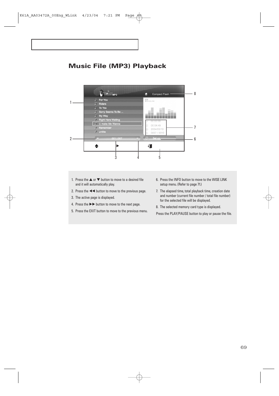 Music file (mp3) playback | Samsung CL32A20HE User Manual | Page 69 / 80
