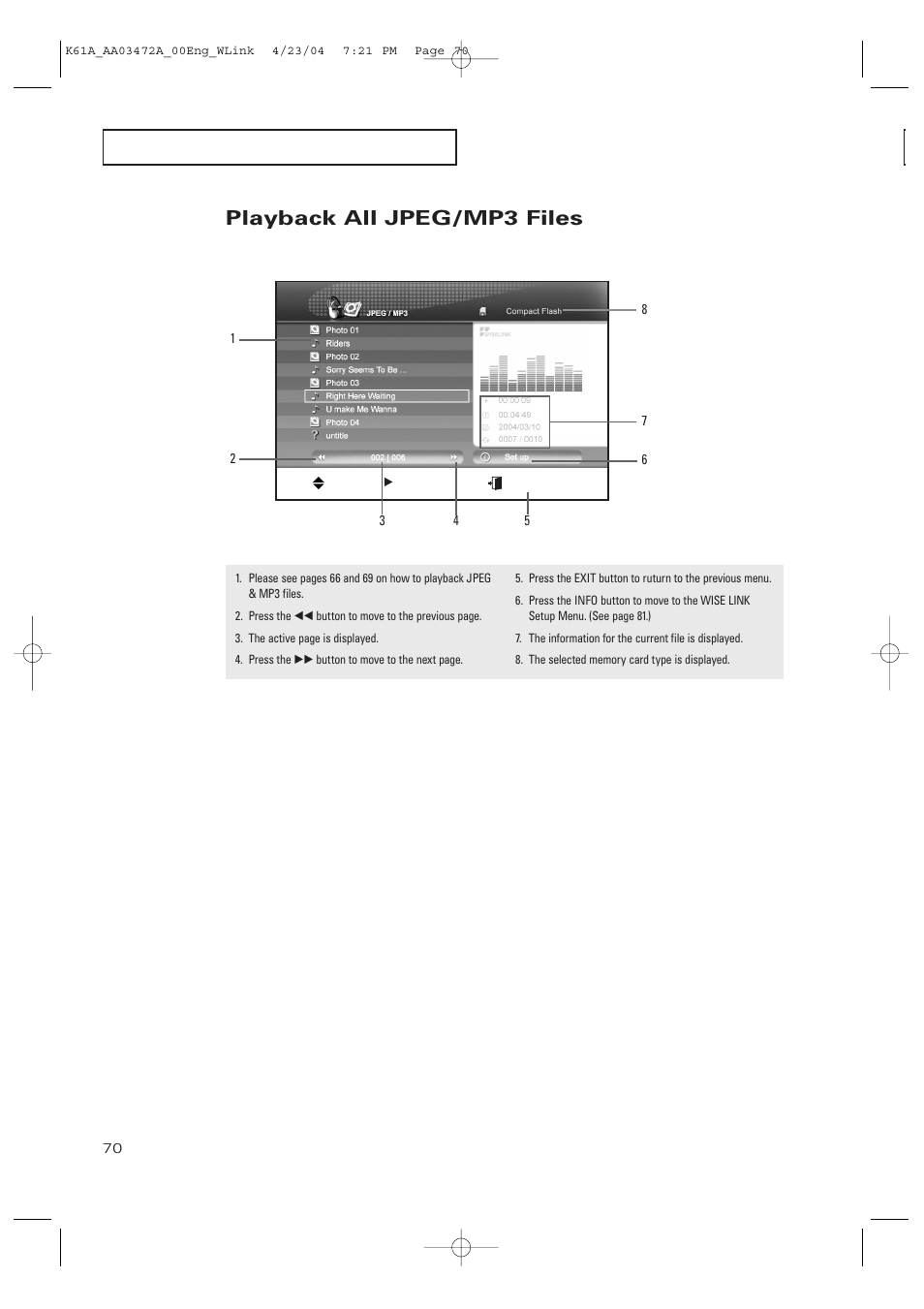 Playback all jpeg/mp3 files | Samsung CL32A20HE User Manual | Page 70 / 80