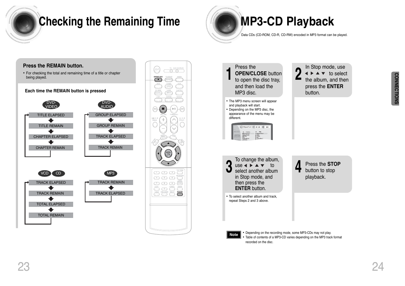 Checking the remaining time, Mp3- cd playback, Mp3-cd playback | Samsung HT-DS420 User Manual | Page 13 / 38