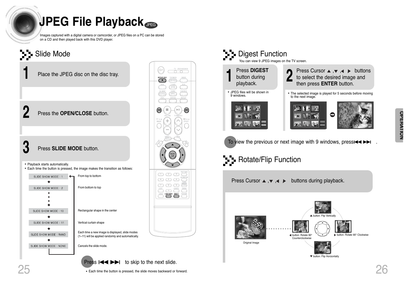 Jpeg file playback, Rotate/flip function, Digest function | Slide mode | Samsung HT-DS420 User Manual | Page 14 / 38