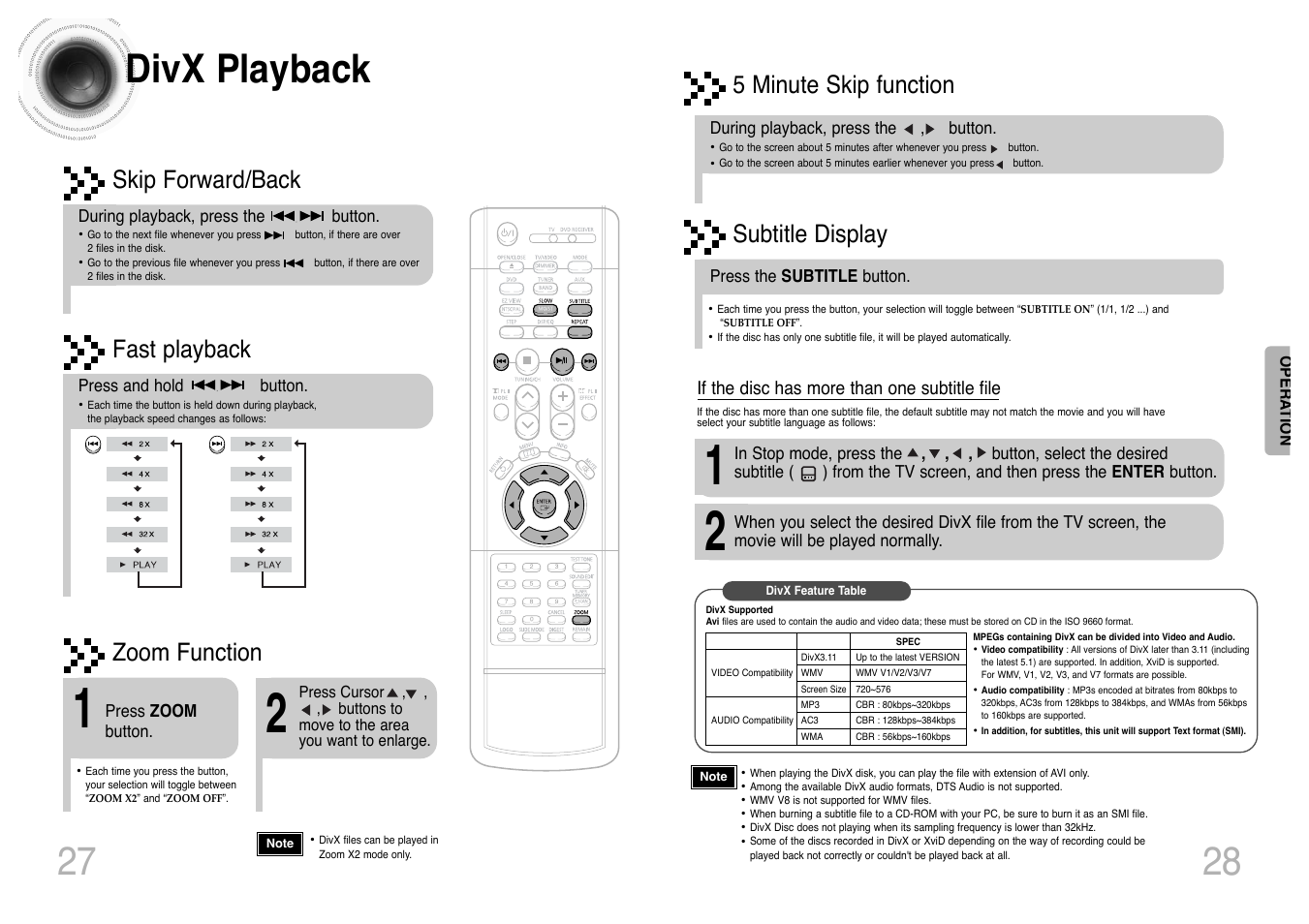 Divx playback, 28 divx playback, Fast playback | Skip forward/back, Zoom function, 5 minute skip function, Subtitle display | Samsung HT-DS420 User Manual | Page 15 / 38