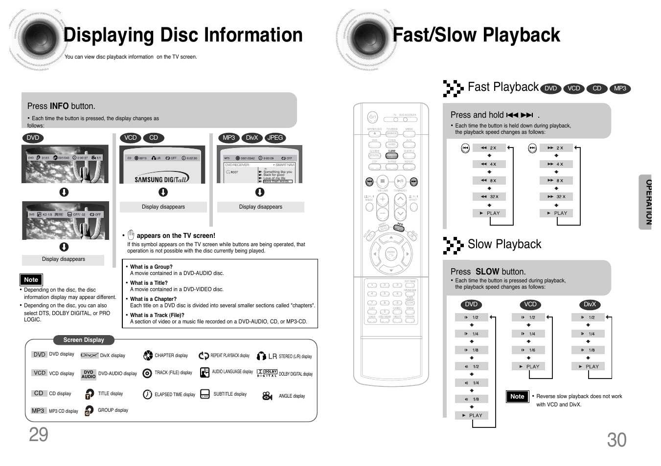 Displaying disc information, Fast/ slow playback, Fast/slow playback | Fast playback, Slow playback | Samsung HT-DS420 User Manual | Page 16 / 38