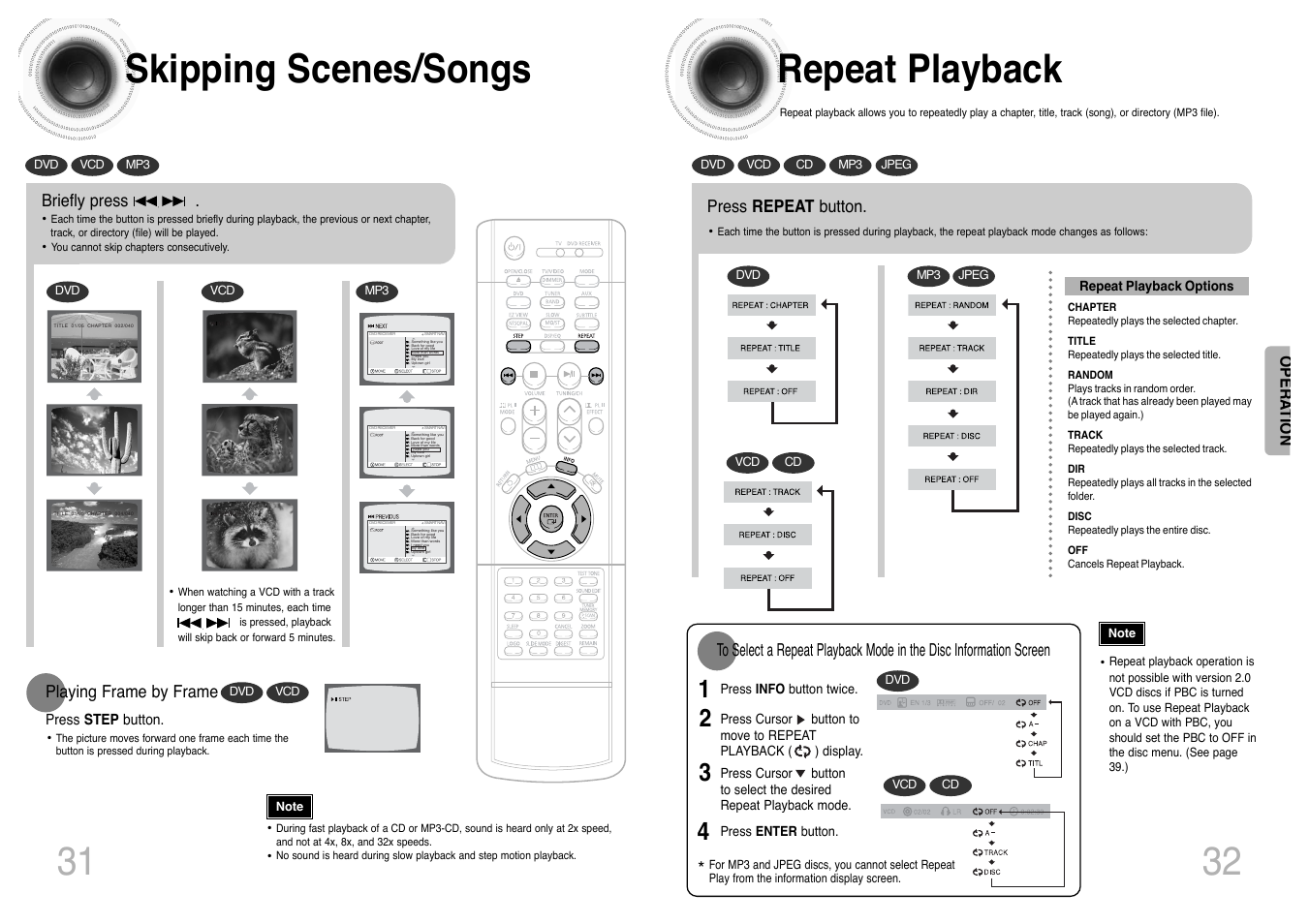 Skipping scenes/ songs, Repeat playback, Skipping scenes/songs | Press repeat button, Briefly press, Playing frame by frame | Samsung HT-DS420 User Manual | Page 17 / 38