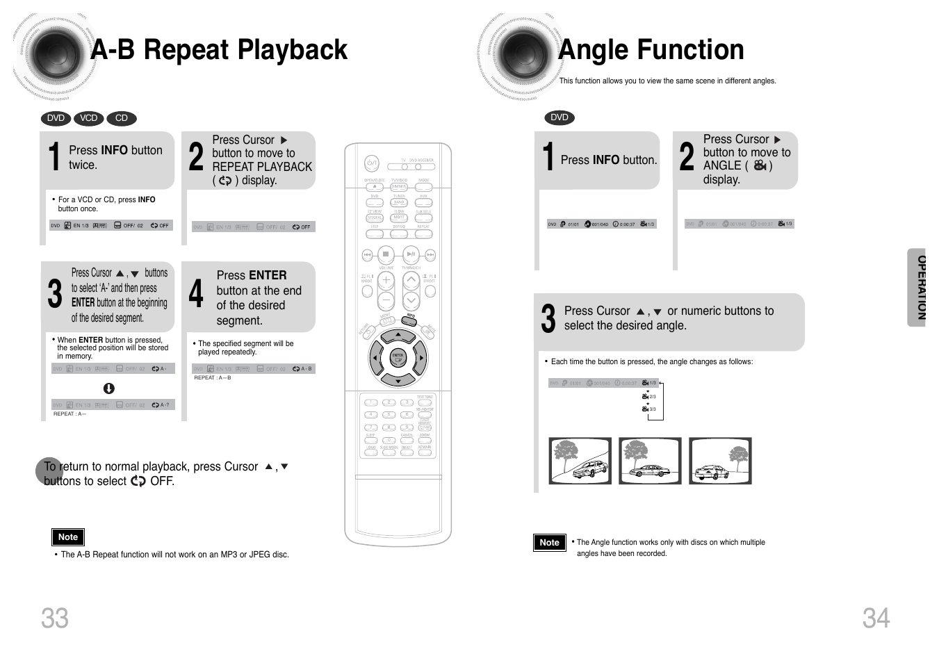 A- b repeat playback, Angle function, A-b repeat playback 34 | Samsung HT-DS420 User Manual | Page 18 / 38