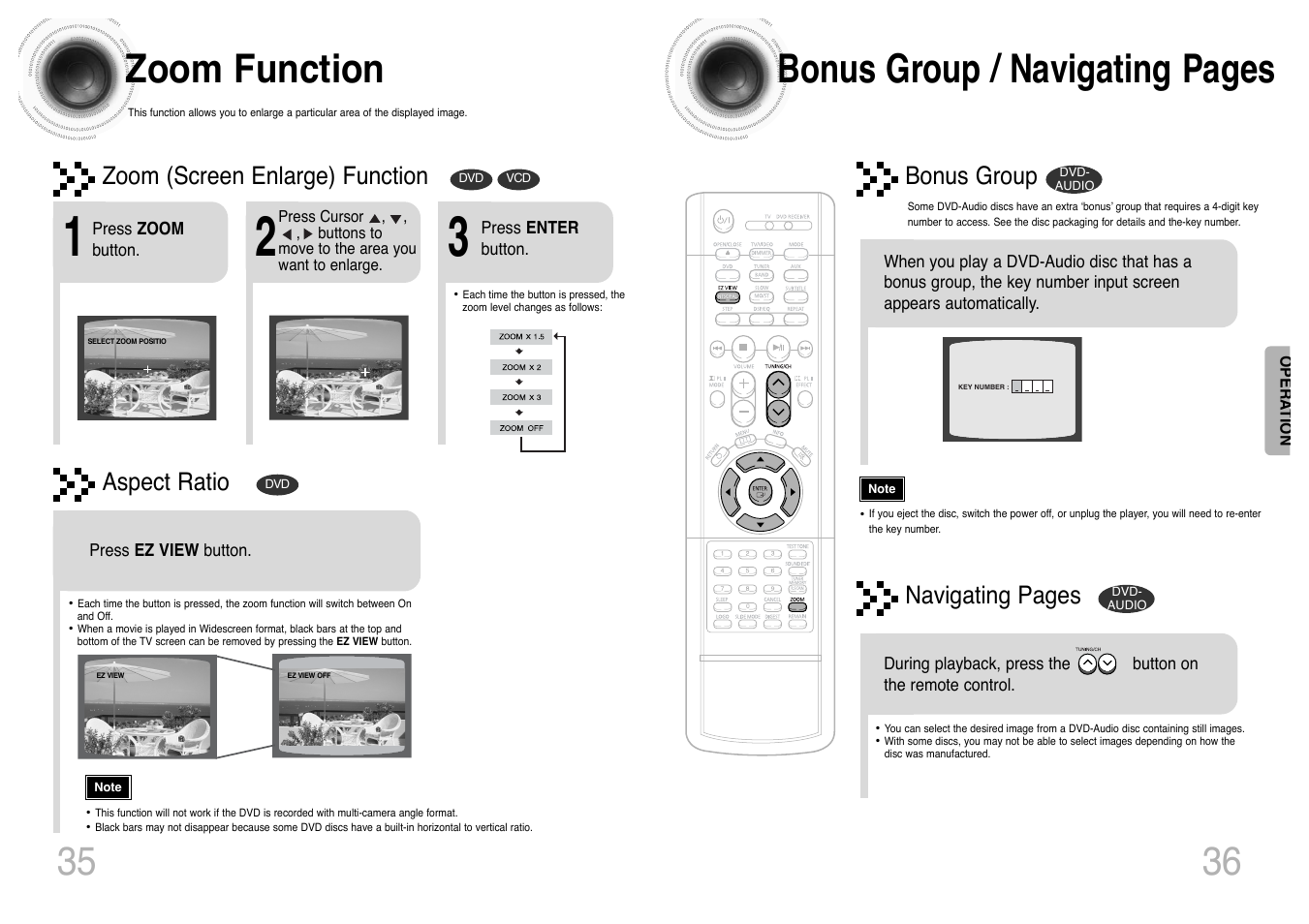 Zoom function, 36 zoom function, Bonus group / navigating pages | Zoom (screen enlarge) function, Aspect ratio, Bonus group, Navigating pages | Samsung HT-DS420 User Manual | Page 19 / 38