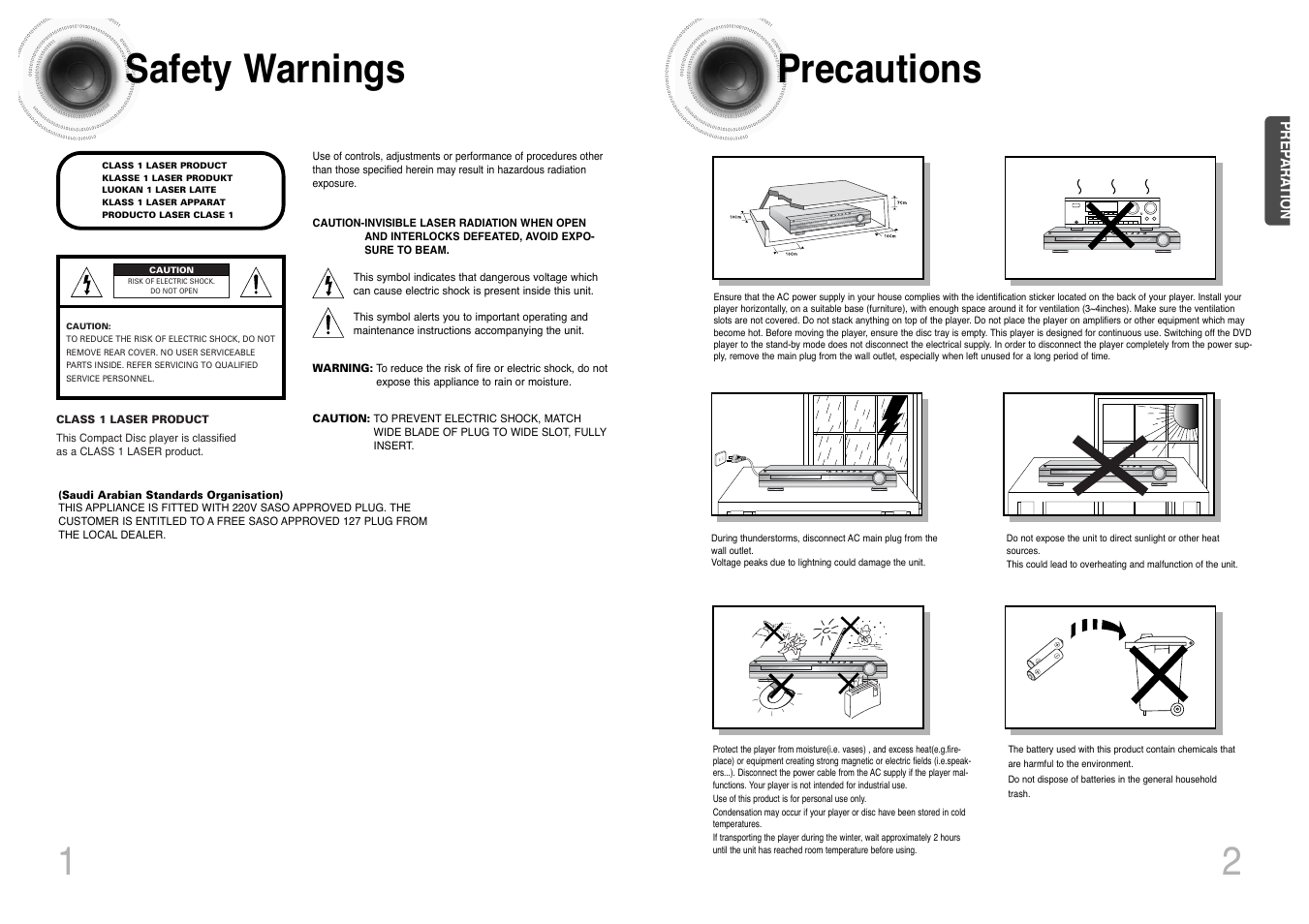 Preparation, Safety warnings, Precautions | 12 safety warnings precautions, Phones | Samsung HT-DS420 User Manual | Page 2 / 38