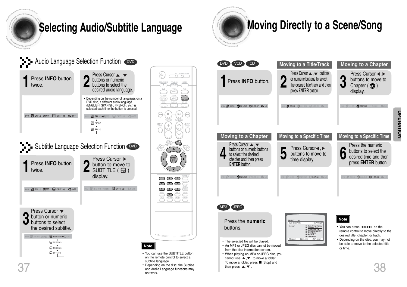 Selecting audio/ subtitle language, Moving directly to a scene/ song, 38 moving directly to a scene/song | 37 selecting audio/subtitle language, Audio language selection function, Subtitle language selection function | Samsung HT-DS420 User Manual | Page 20 / 38