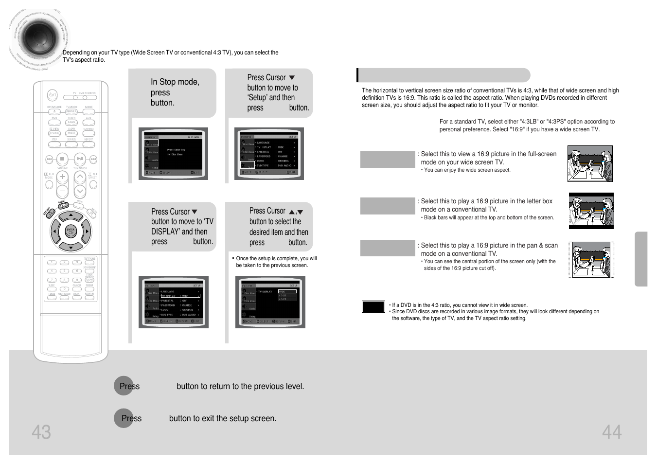 Setting tv screen type, 43 44 setting tv screen type | Samsung HT-DS420 User Manual | Page 23 / 38