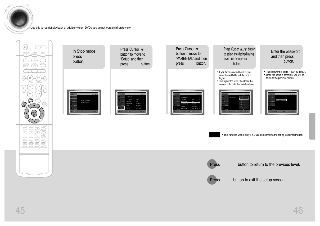 Setting parental controls (rating level), 45 46 setting parental controls (rating level) | Samsung HT-DS420 User Manual | Page 24 / 38