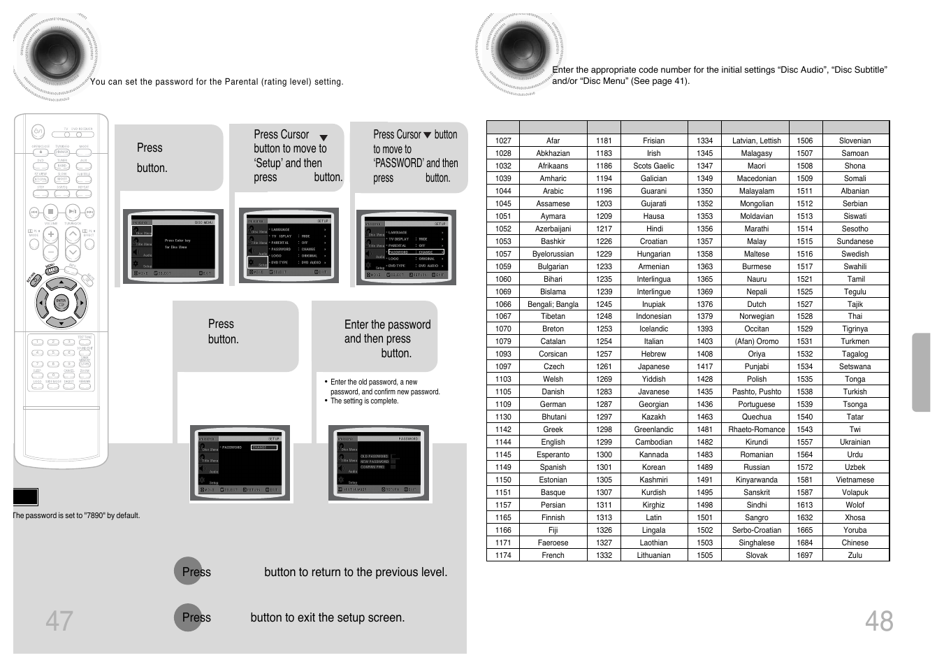 Setting the password, Language code list | Samsung HT-DS420 User Manual | Page 25 / 38