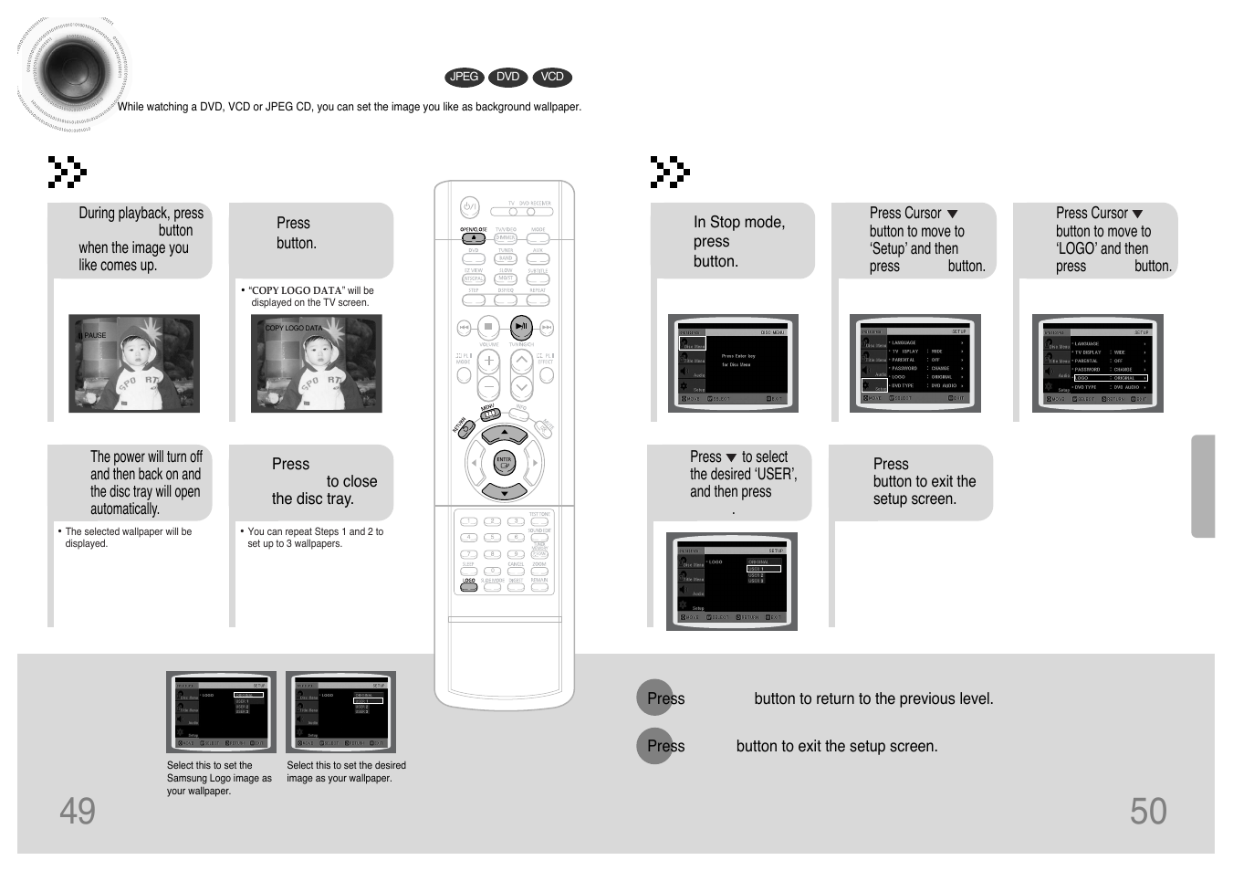 Setting the wallpaper, 49 50 setting the wallpaper | Samsung HT-DS420 User Manual | Page 26 / 38