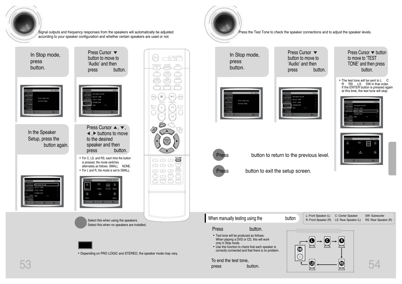 Setting the speaker mode, Setting the test tone | Samsung HT-DS420 User Manual | Page 28 / 38