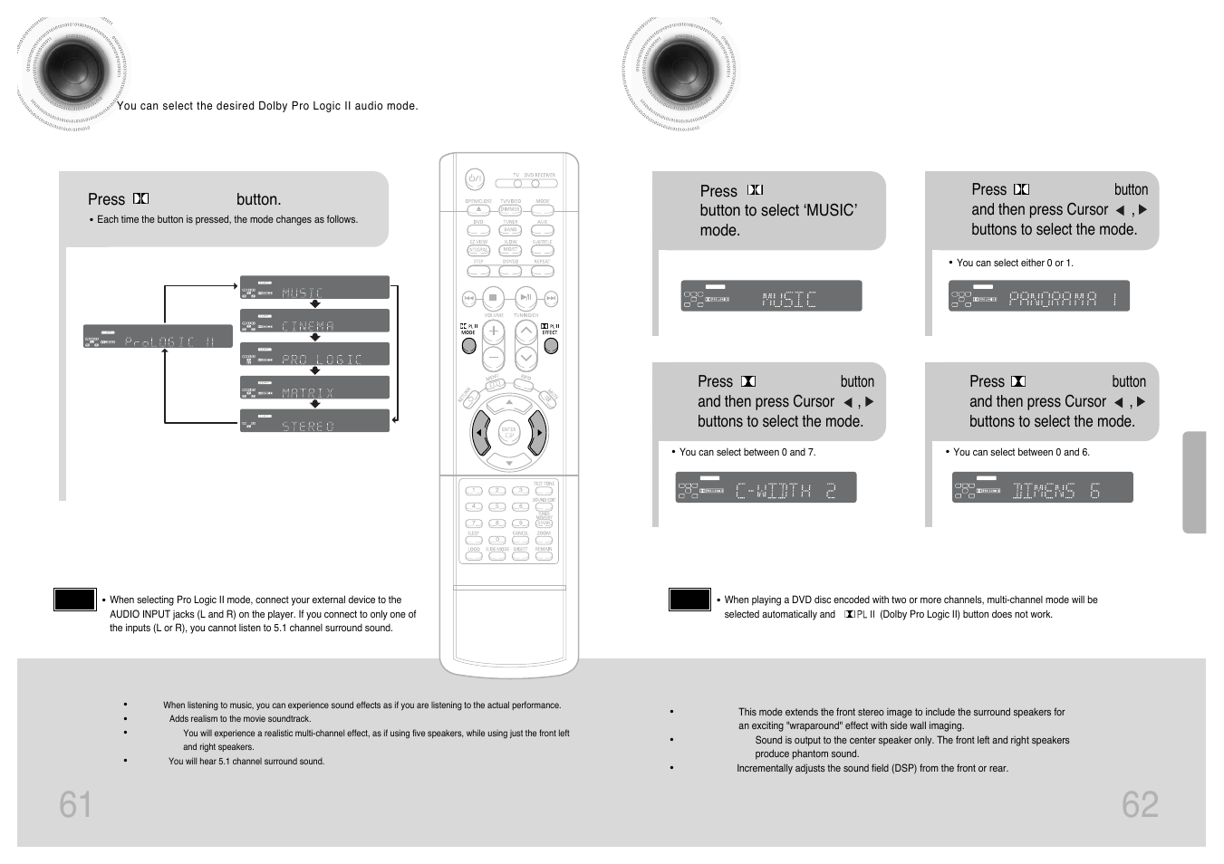 Dolby pro logic ii mode, Dolby pro logic ii effect, 61 62 dolby pro logic ii mode | Press pl ii mode button | Samsung HT-DS420 User Manual | Page 32 / 38