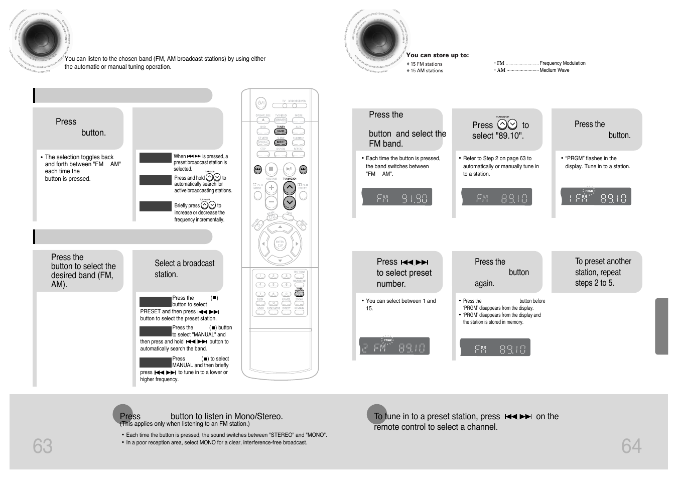 Radio operation, Listening to radio, Presetting stations | 63 64 listening to radio | Samsung HT-DS420 User Manual | Page 33 / 38