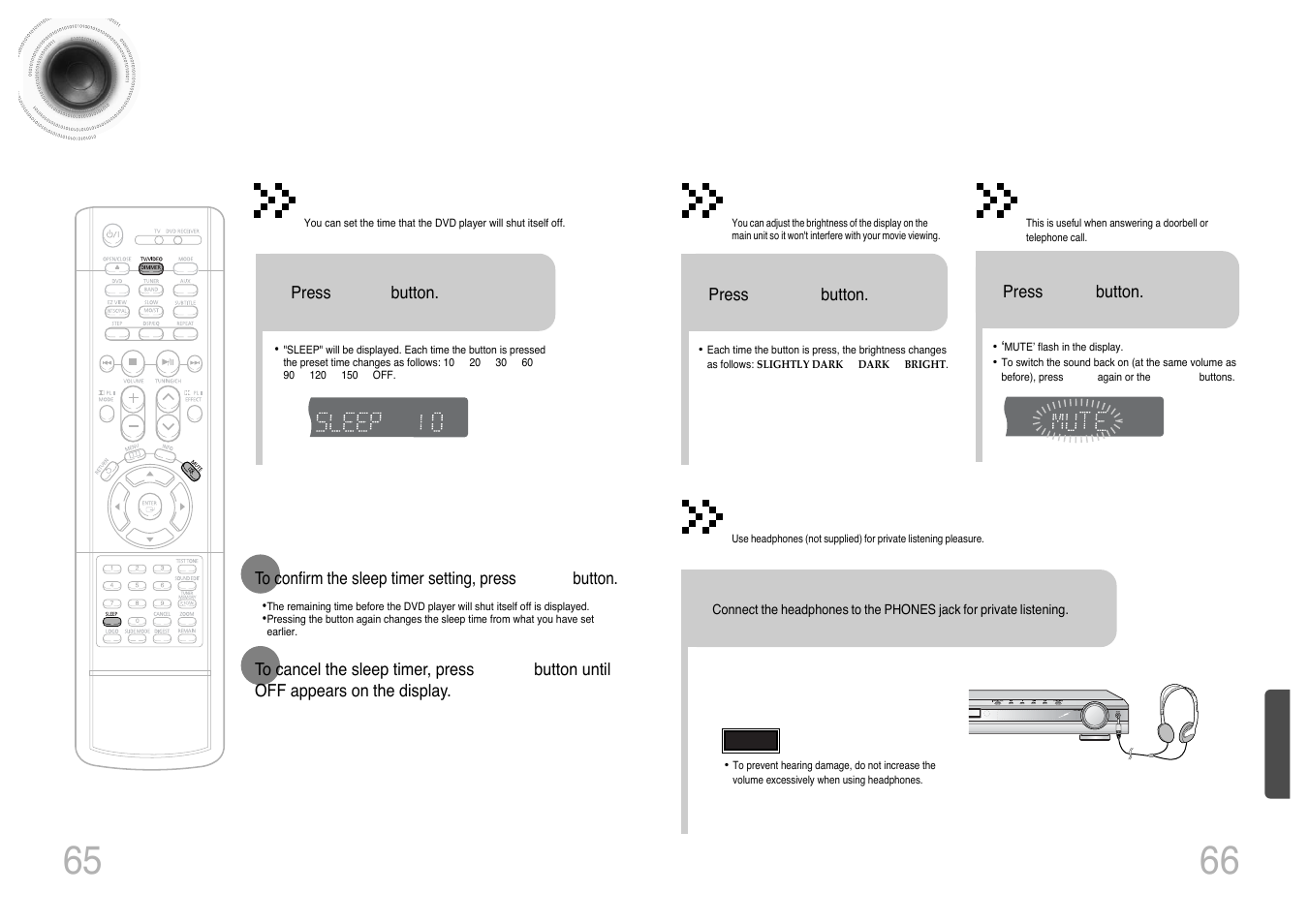 Miscellaneous, Convenient functions, 65 66 convenient functions | Sleep timer function, Adjusting display brightness, Mute function, Using headphones | Samsung HT-DS420 User Manual | Page 34 / 38