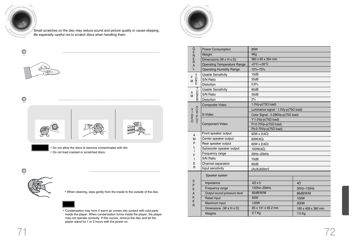 Cautions on handling and storing discs, Specifications, 72 specifications 71 | Samsung HT-DS420 User Manual | Page 37 / 38