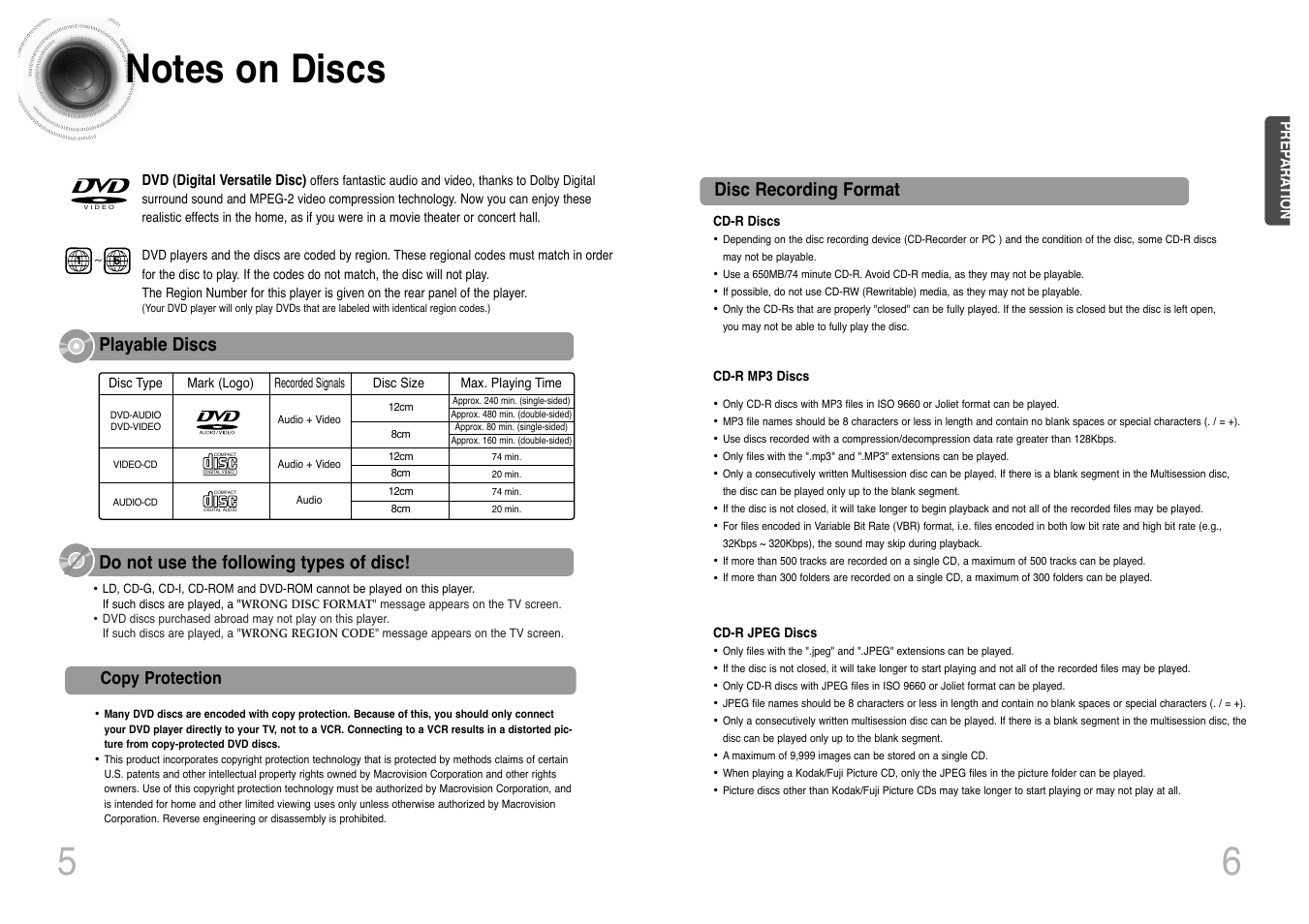 Notes on discs, Disc recording format | Samsung HT-DS420 User Manual | Page 4 / 38