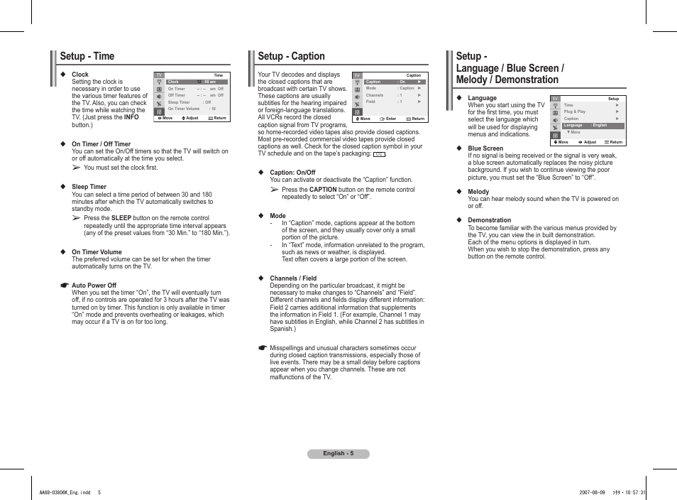 Setup - time, Setup - caption, Setup | Samsung CL-29Z30 User Manual | Page 5 / 8