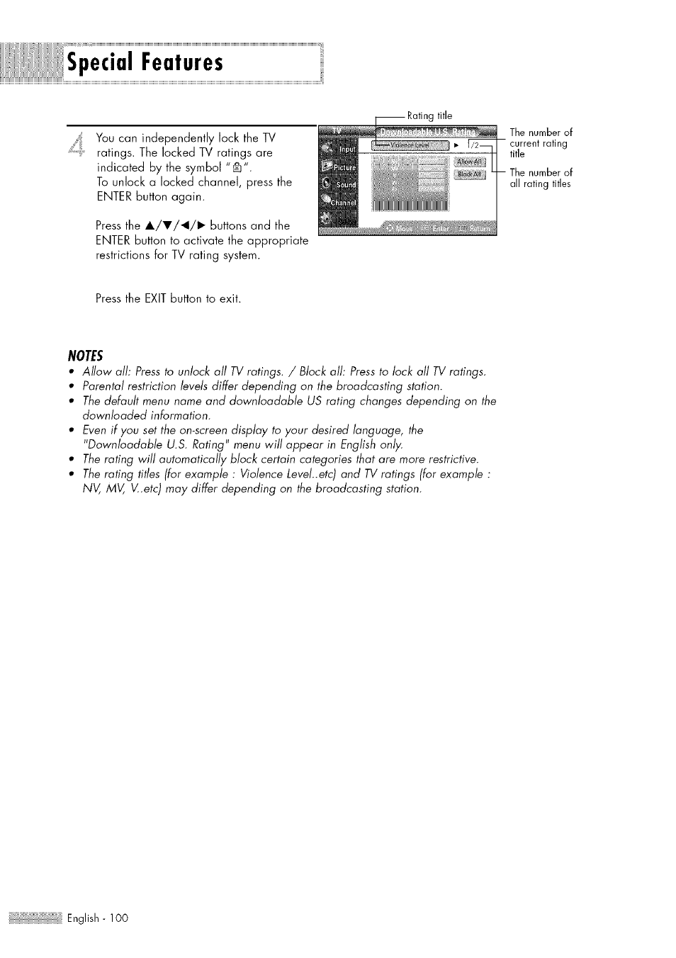 Special features, Press the exit button to exit | Samsung HL-$4676S User Manual | Page 100 / 135