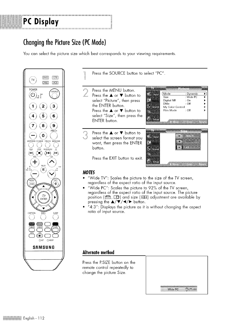 Pc display, Changing the picture size (pc mode), Changing the picture size (pc mode).112 | I t£t. siwi, Press the | Samsung HL-$4676S User Manual | Page 112 / 135