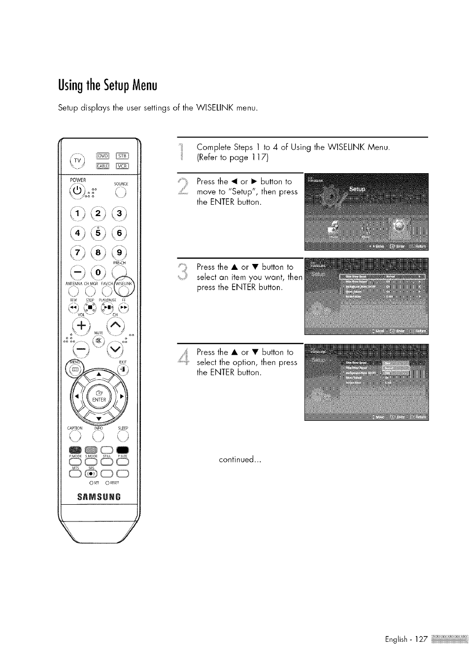 Using the setup menu, Using the wiselink menu.117 | Samsung HL-$4676S User Manual | Page 127 / 135