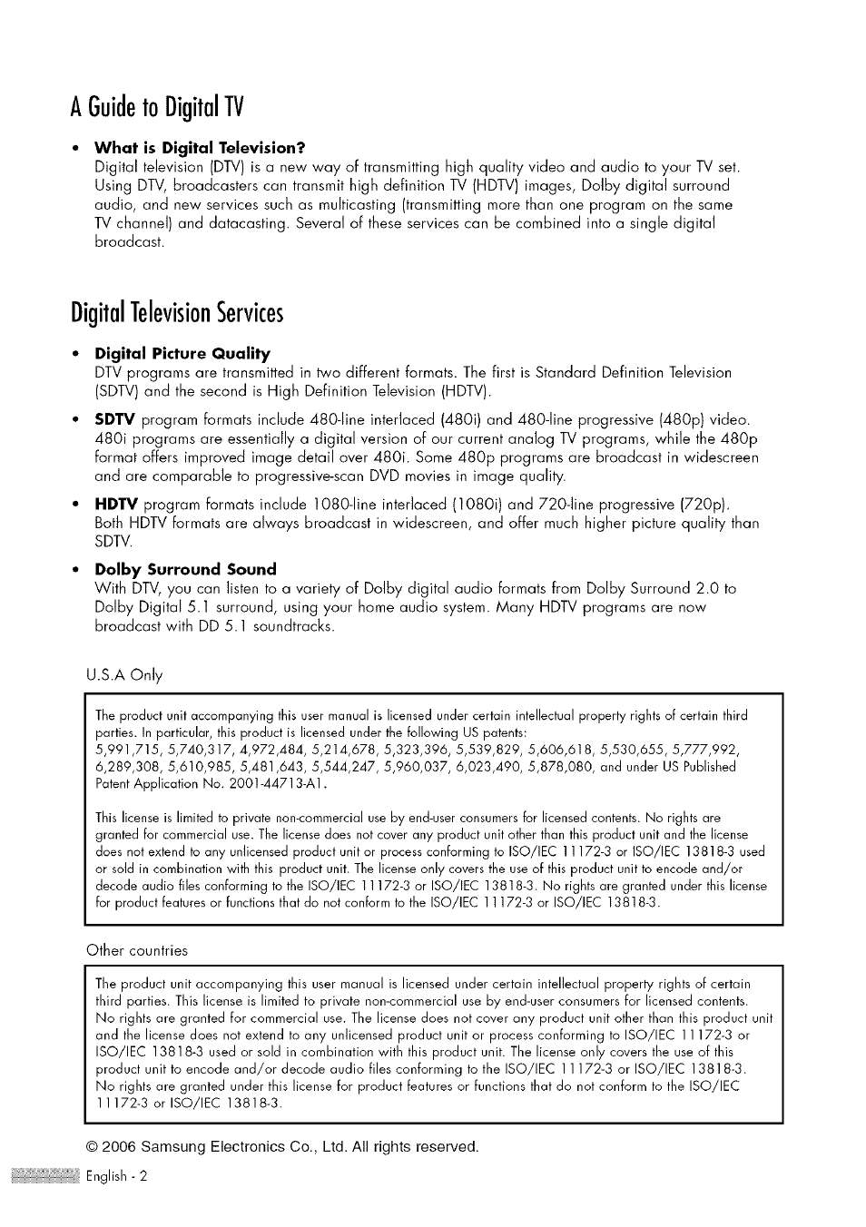 Â guide to digital tv, Digital television services, Other countries | Samsung HL-$4676S User Manual | Page 2 / 135