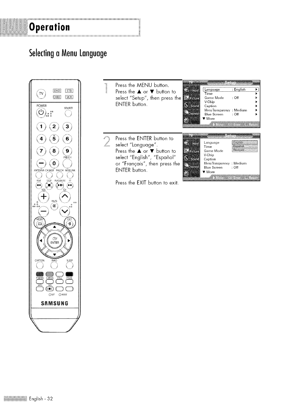 Selecting a menu language, Operation, Press the menu button. press the | Samsung HL-$4676S User Manual | Page 32 / 135