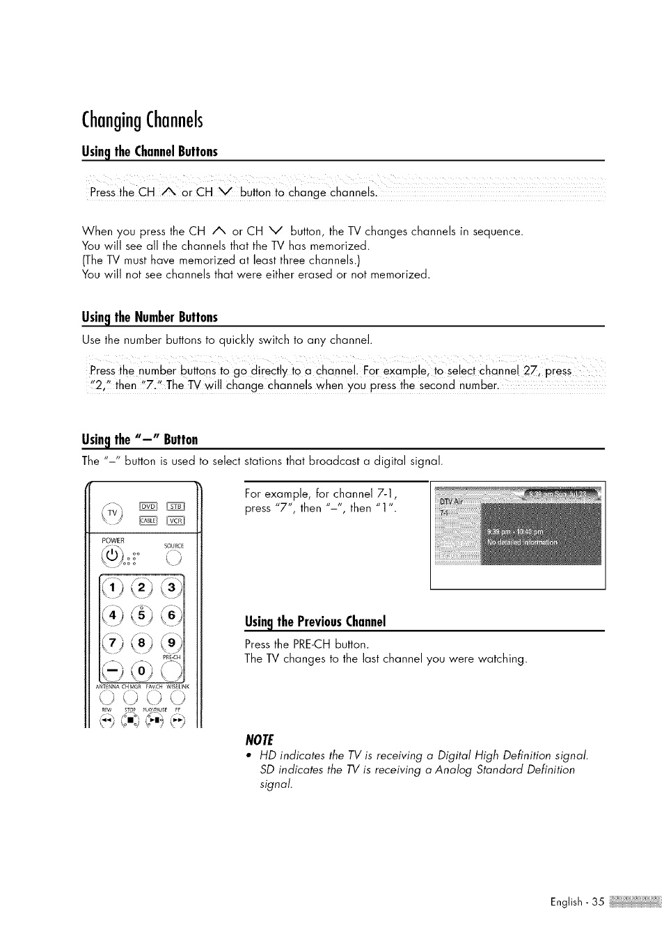 Changing channels, Press the ch, Or ch | Samsung HL-$4676S User Manual | Page 35 / 135