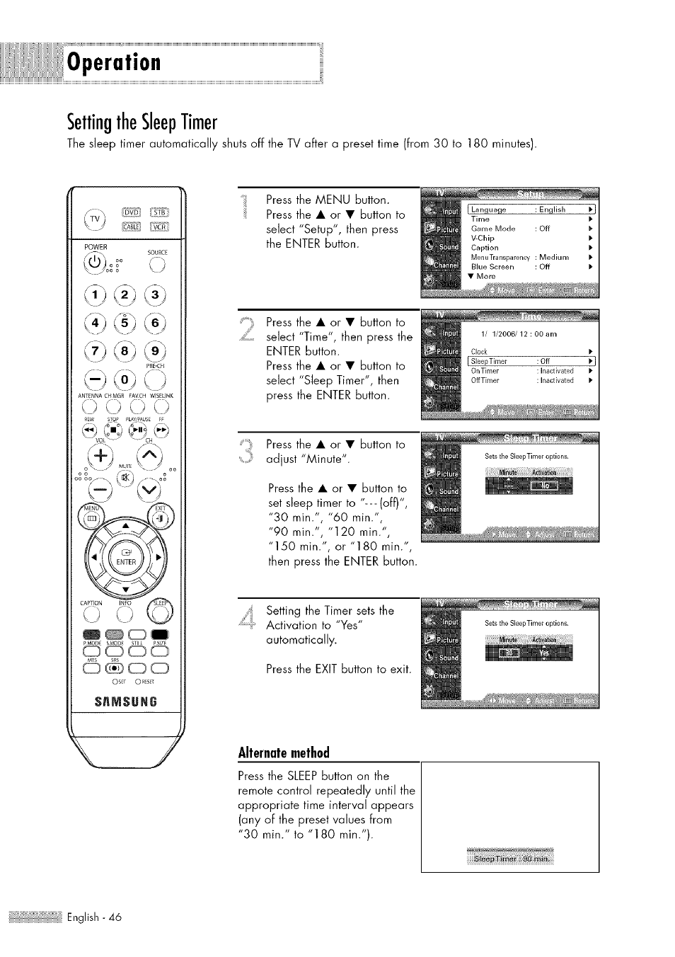 Setting the sleep timer, Operation, Press the menu button. press the | Press the, J press the, Button to, Adjust 