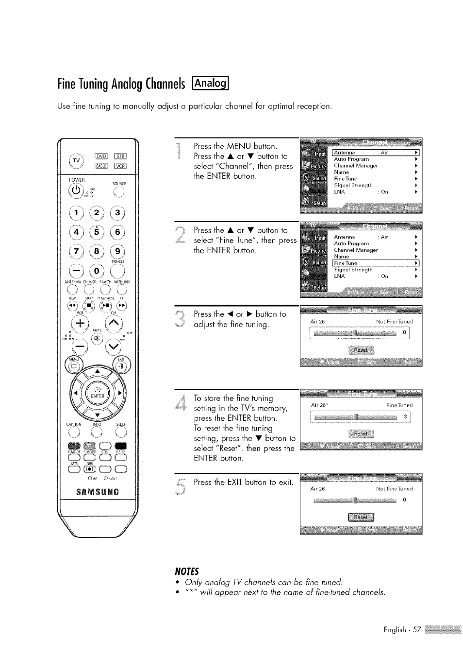 Fine tuning analog channels i analog, Fine tuning analog channels, Press the | Ir press the exit button to exit | Samsung HL-$4676S User Manual | Page 57 / 135