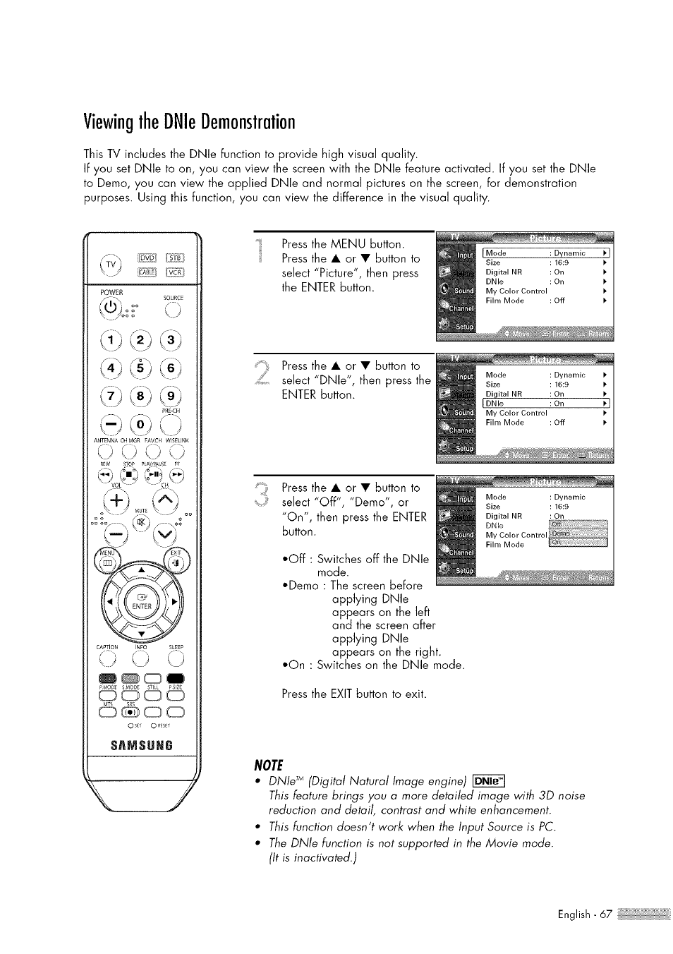 Viewing the dnie demonstration, Viewing the dnie demonstration.67 | Samsung HL-$4676S User Manual | Page 67 / 135