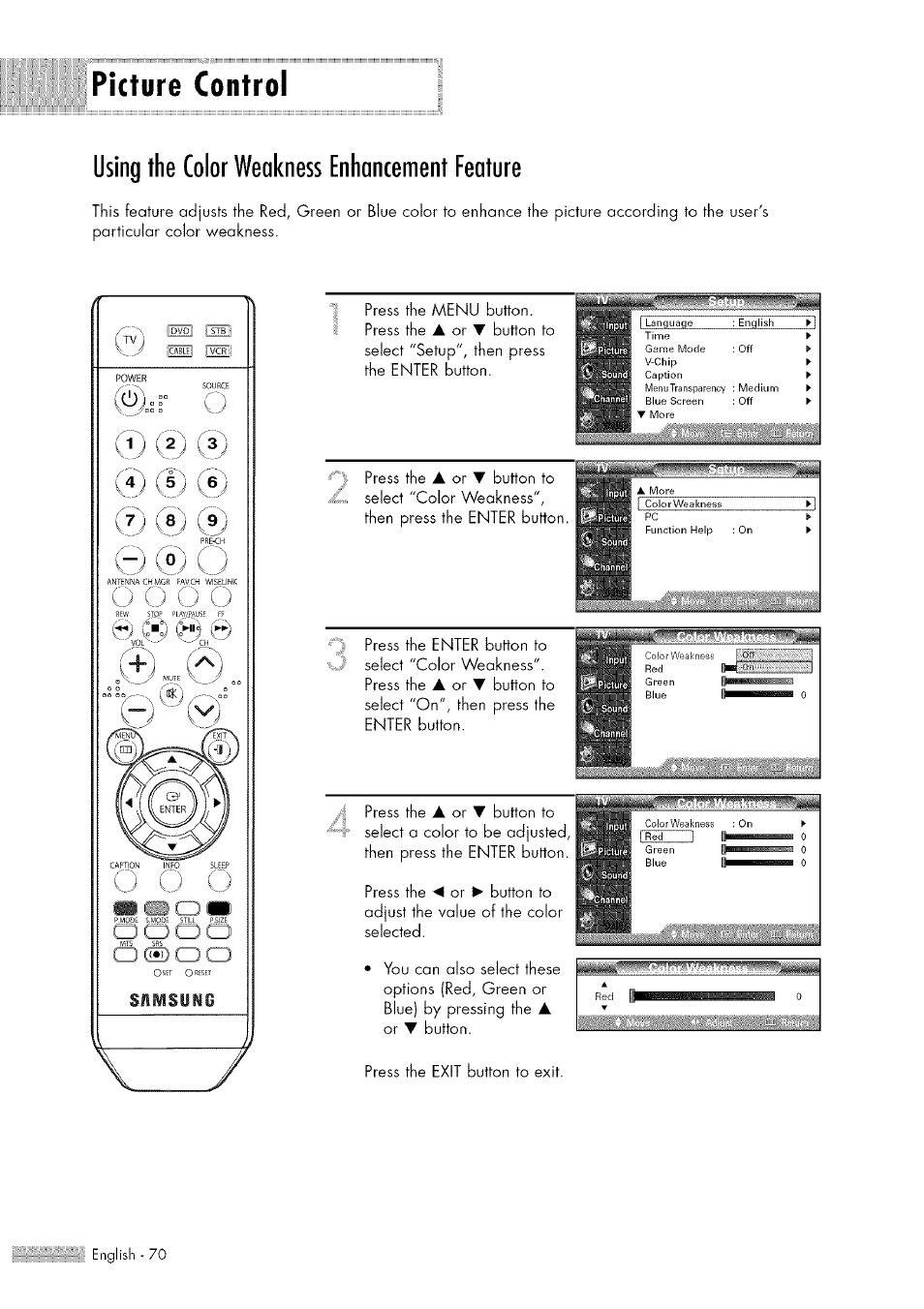 Picture control, Using the color weakness enhancement feature, Using the color weakness enhancement feature.70 | Press the enter button to, Select "color weakness". press the, Button to select "on", then press the enter button, Press the, Button. press the exit button to exit, Button to select "color weakness, Then press the enibk button | Samsung HL-$4676S User Manual | Page 70 / 135